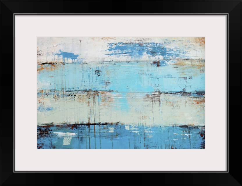 A contemporary abstract painting of horizontal panels with cool, blue, hues.  The wood-like background brings pops of oran...