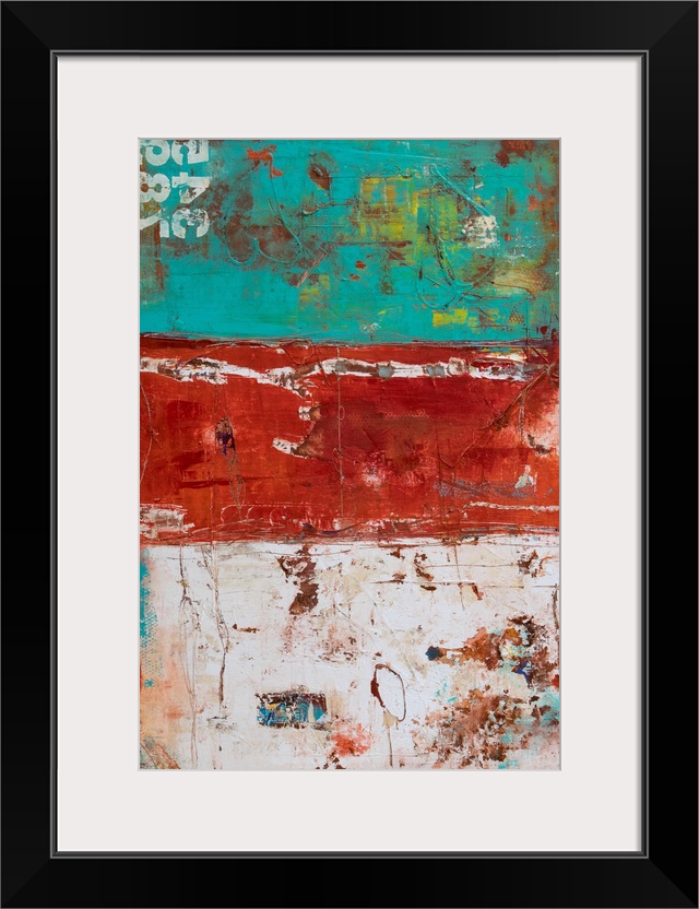 Textured abstract painting in layered sections of teal, red, and white with pops of yellow on top and white numbers in the...