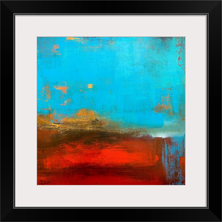 Abstract canvas painting of cool tones meeting warms tones.