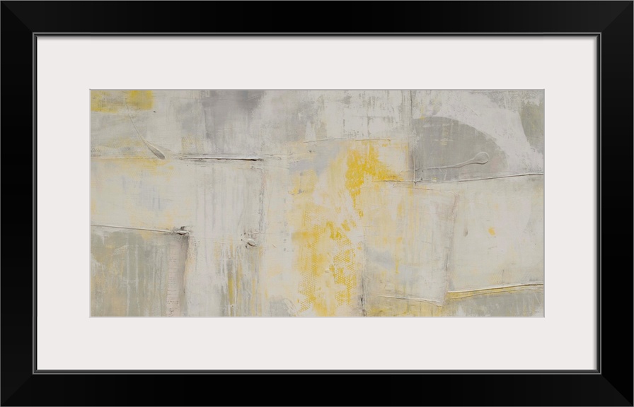 Contemporary abstract artwork in pale, muted shades of grey and yellow.