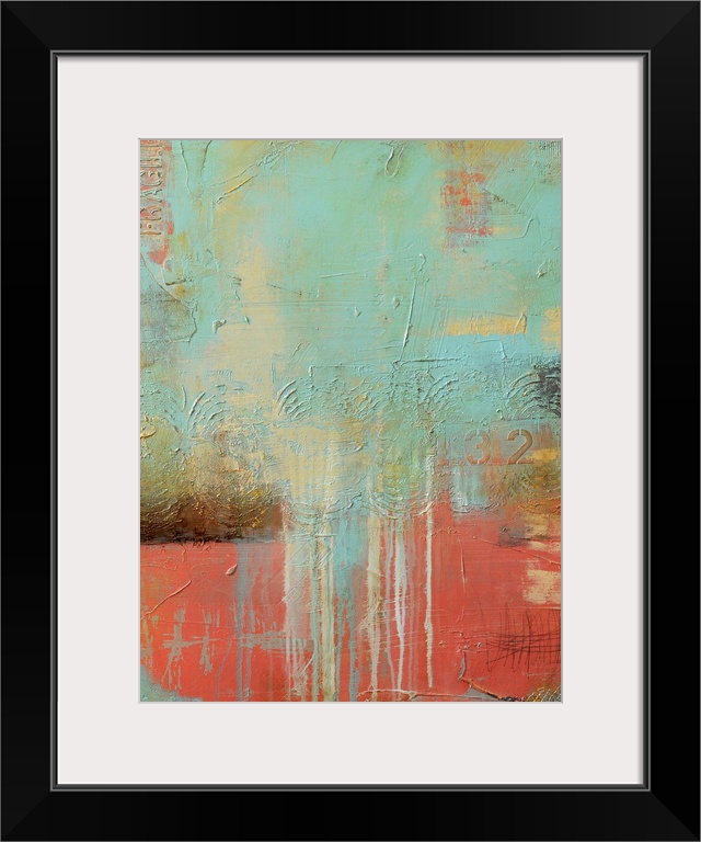 Contemporary abstract painting in pastel colors featuring drips of paint and textured elements, reminiscent of a peaceful ...