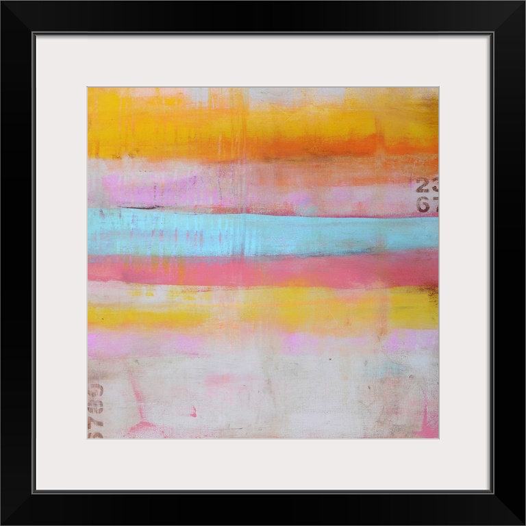 An abstract painting on a square shaped canvas of horizontal stripes of pastel colors, sanded paint textures, and sanded n...