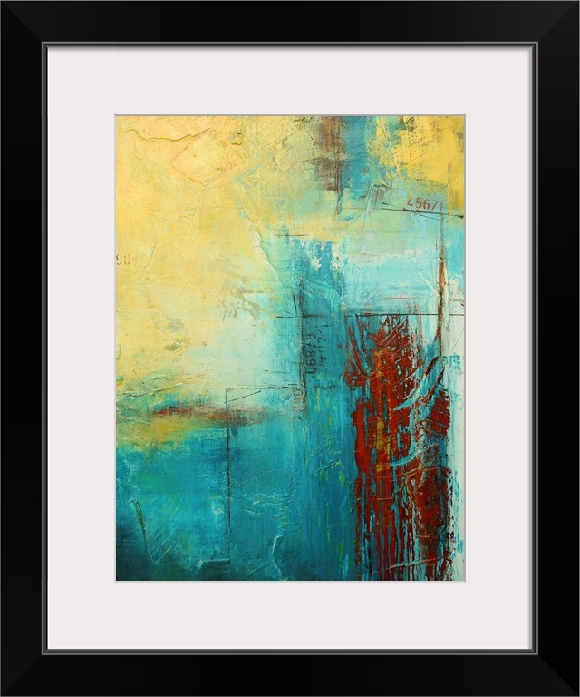 Giant, vertical abstract painting with a variety of textured lines and patches of color, with small, random numbers places...
