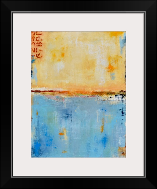 Contemporary abstract painting using earthy tan colors with blue.