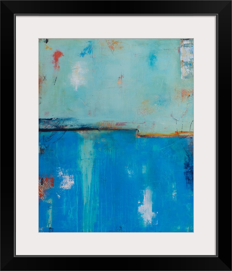 Abstract painting with a cool blue toned background and warm pops of red and orange on top giving it a grungy look.