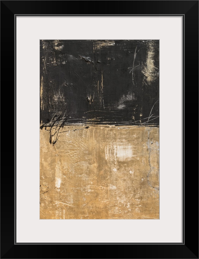 Abstract painting with textured gold and black splitting the painting in half with a thin, black squiggly lines running th...