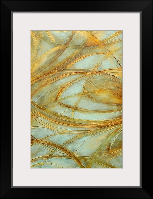 Vertical abstract canvas painting of earthly tones accented with cool tones with strong brush stroke textures on the edges...