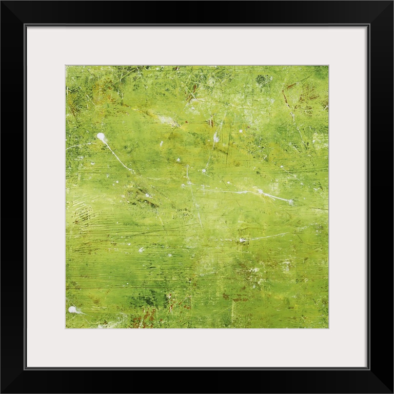 Contemporary abstract painting using bright green and small splashes of white.