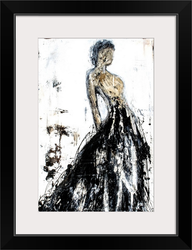 Abstract painting of a faceless woman in a long black gown with a tan body created with cut up pieces of paper, all on a d...