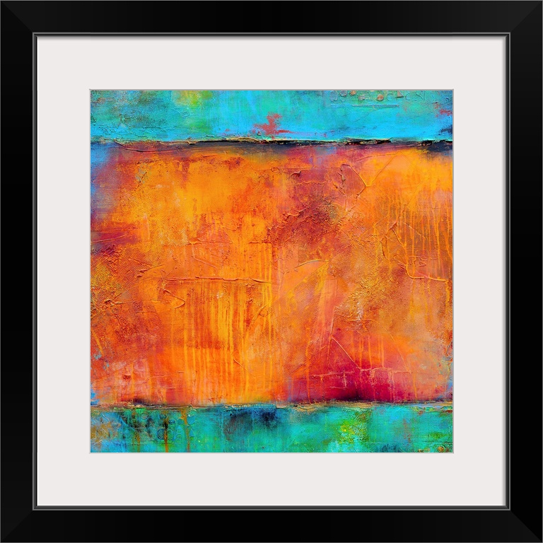 A vividly colored gicloe print of contemporary painting created with building up layers of paint then sanding them down to...