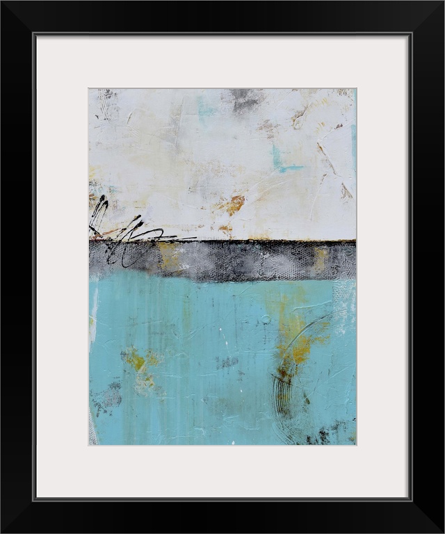 A contemporary abstract painting using a neutral color in the top portion of the image and teal on the bottom.