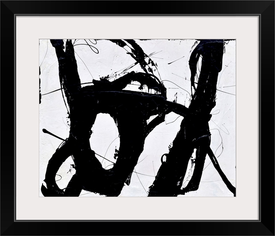A contemporary abstract painting of bold black lines swirling against a white background.