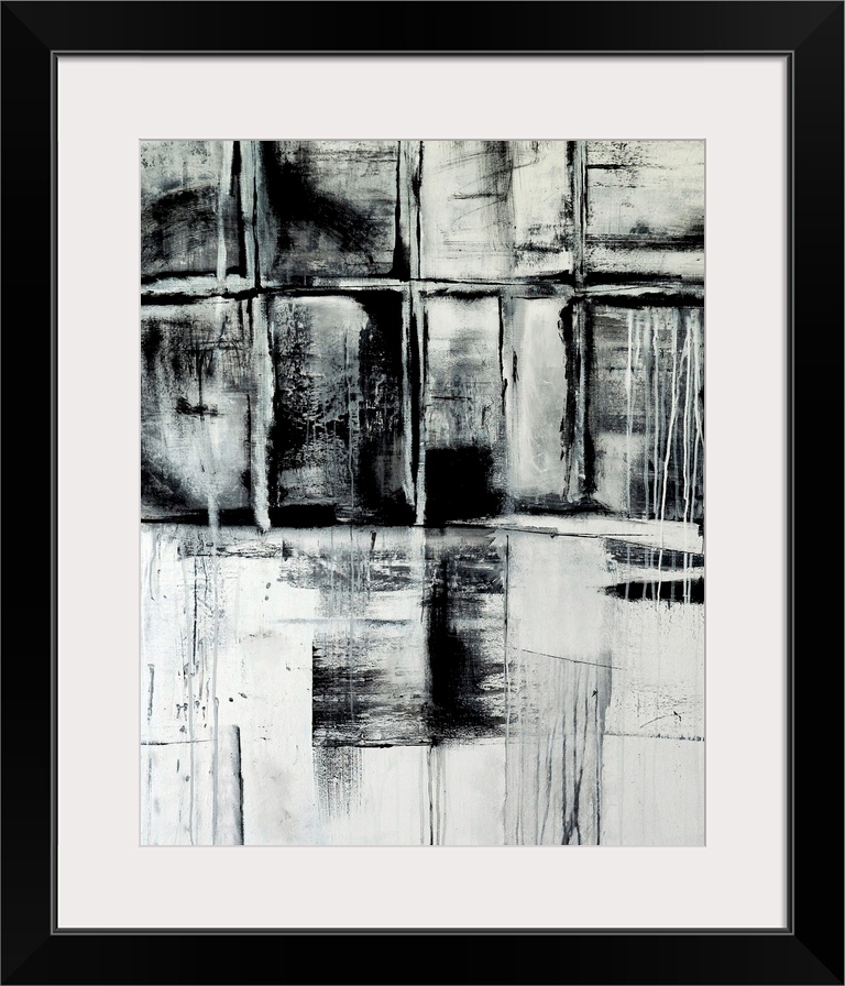 Black and white contemporary abstract art, painted roughly in squares, resembling grungy warehouse windows.