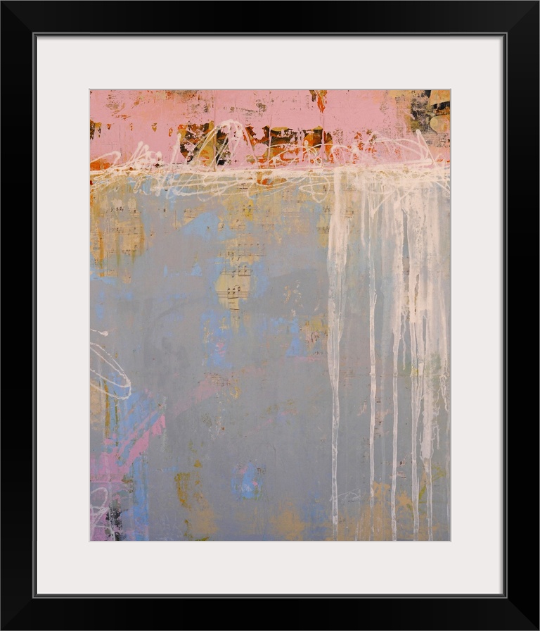 Abstract painting of sheet music bleeding through cheerful paint colors.