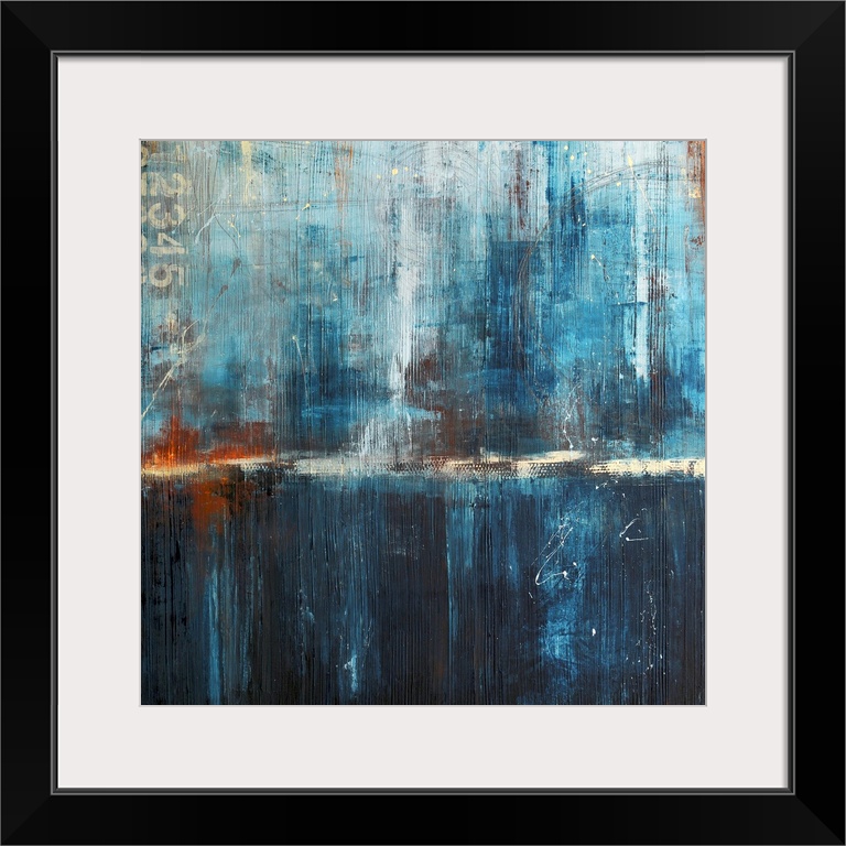 Abstract canvas art of cool tones with heavy brush textures.