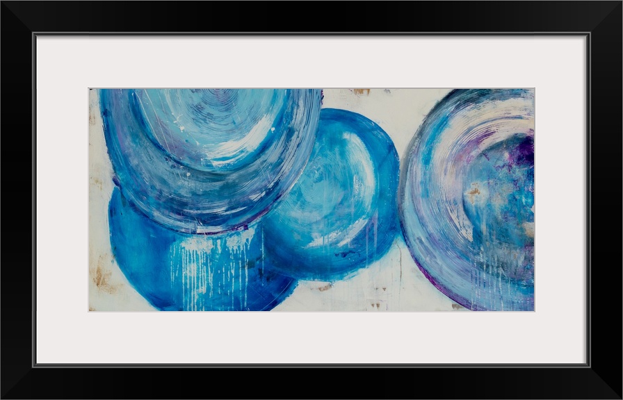 Horizontal contemporary abstract painting with thick textured and layered brushstrokes in large circles of blue on a white...