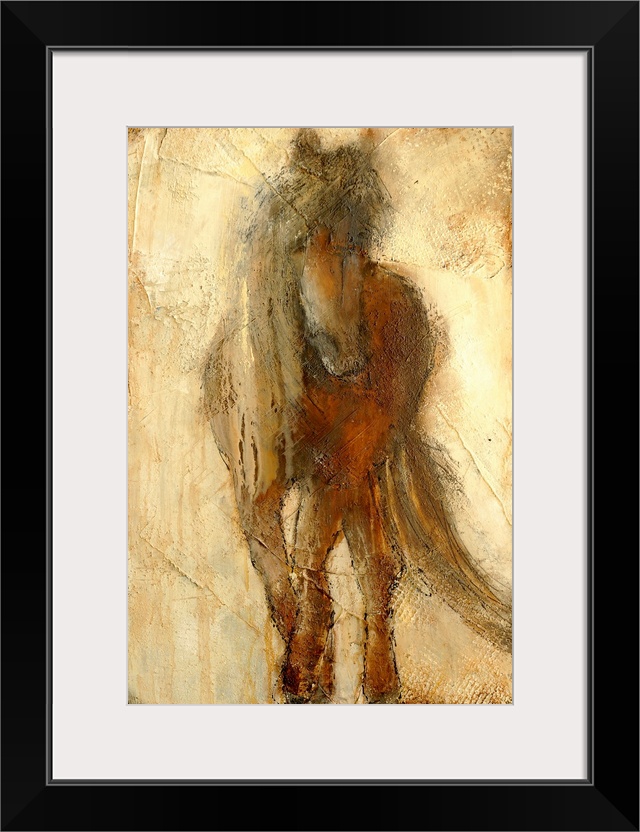A large contemporary art piece of a horse that includes a lot of texture and warm tones.