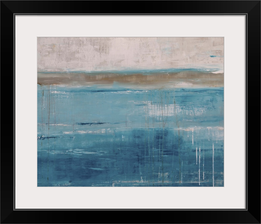 A square contemporary abstract painting with a heavy blue tone throughout, accompanied by tan and white hues underneath cr...