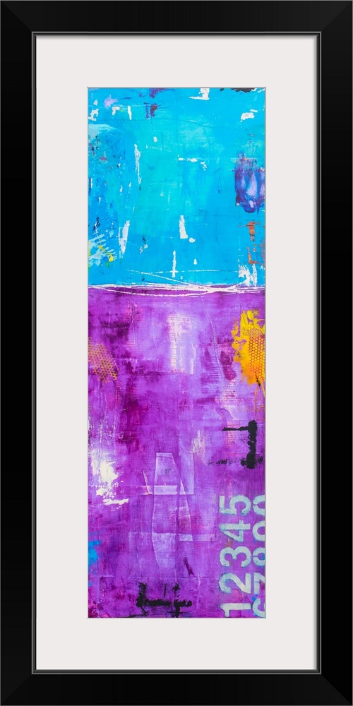 Vertical abstract artwork created with  purple and teal with a portrait of a woman on the far left side and numbers on the...