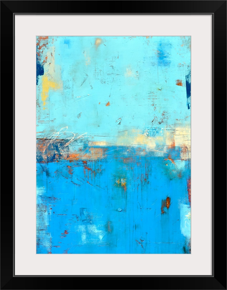 Contemporary abstract painting using blue tones mixed with earthy tones.