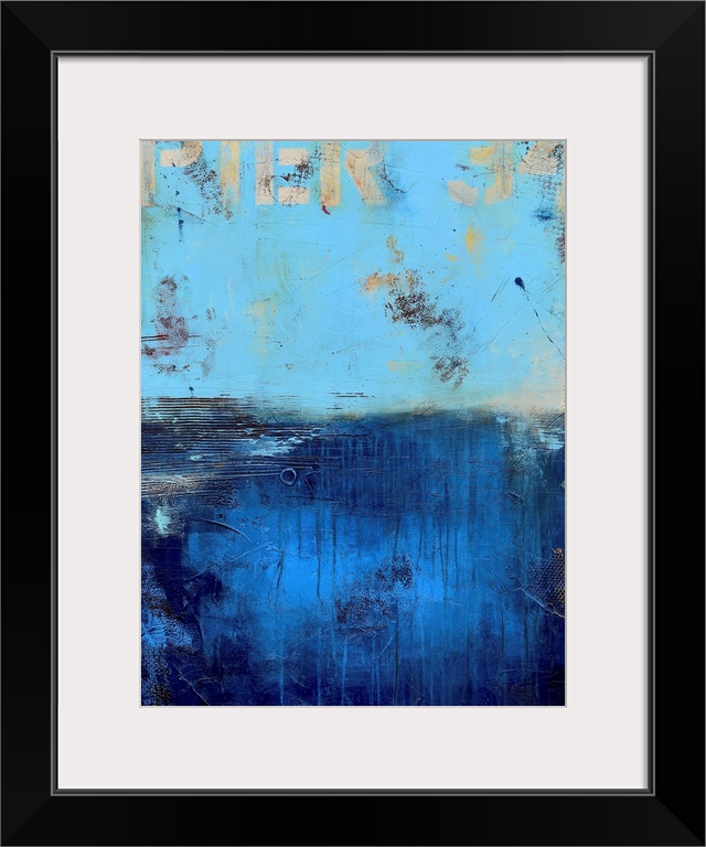 A contemporary abstract painting using a light blue on the top portion of the image and a dark blue on the lower portion o...