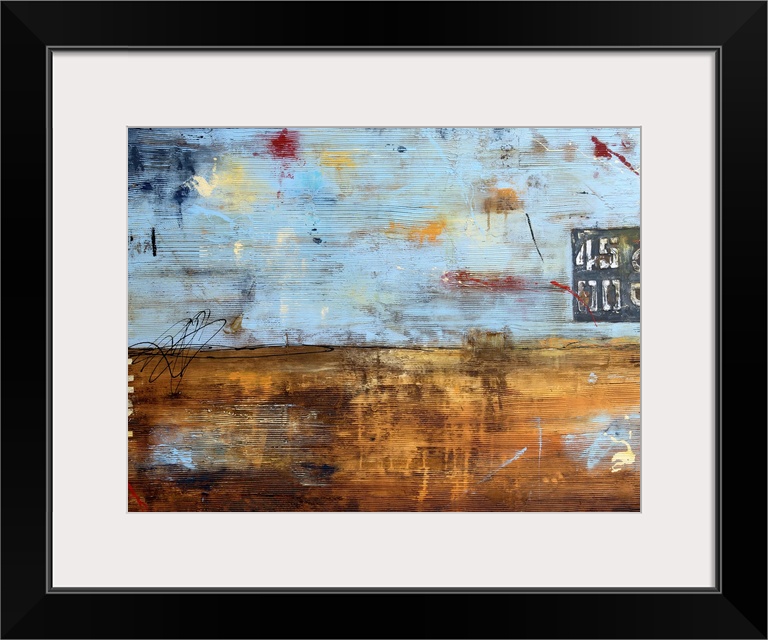 A textured contemporary abstract painting with sky blue tones and different shades of brown and orange alongside varied hi...
