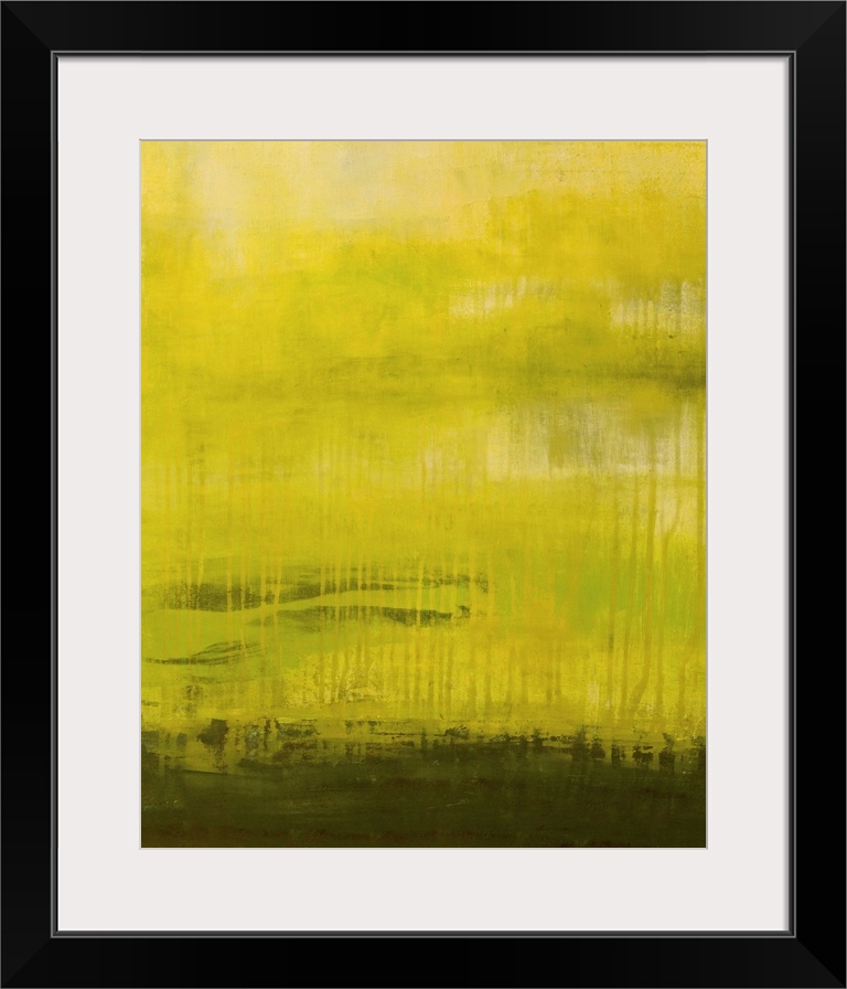 An abstract piece of artwork of a rain forest. Different shades of green appear throughout with the lighter shades appeari...