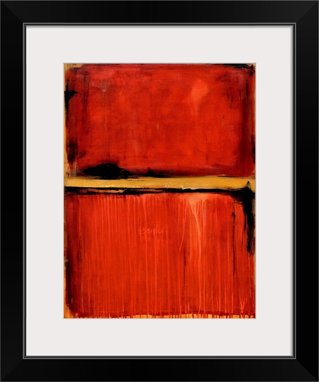 Contemporary abstract artwork in deep red with an orange stripe.