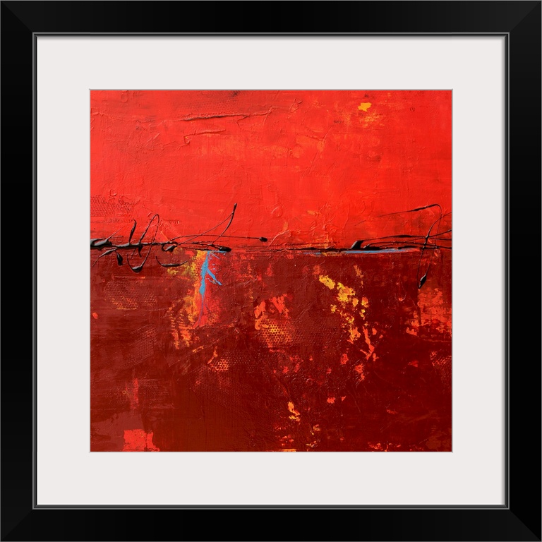 Square abstract painting on canvas with brush stroke textures overlaid on top.