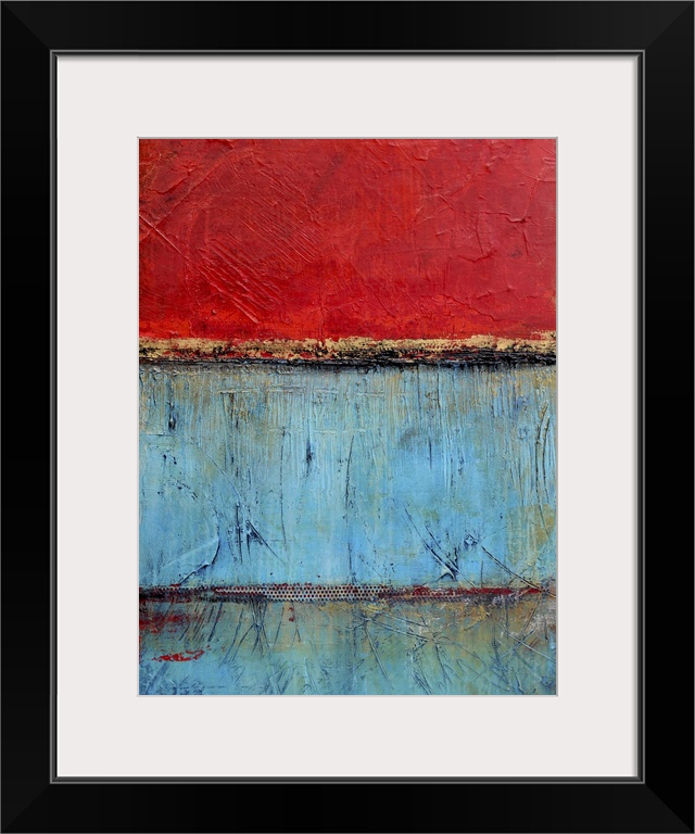 Contemporary abstract painting using bright red and blue contrasting with each other.