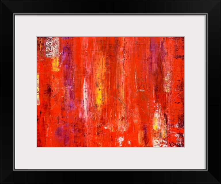 Contemporary abstract painting using bright vibrant red with streaks of yellow.