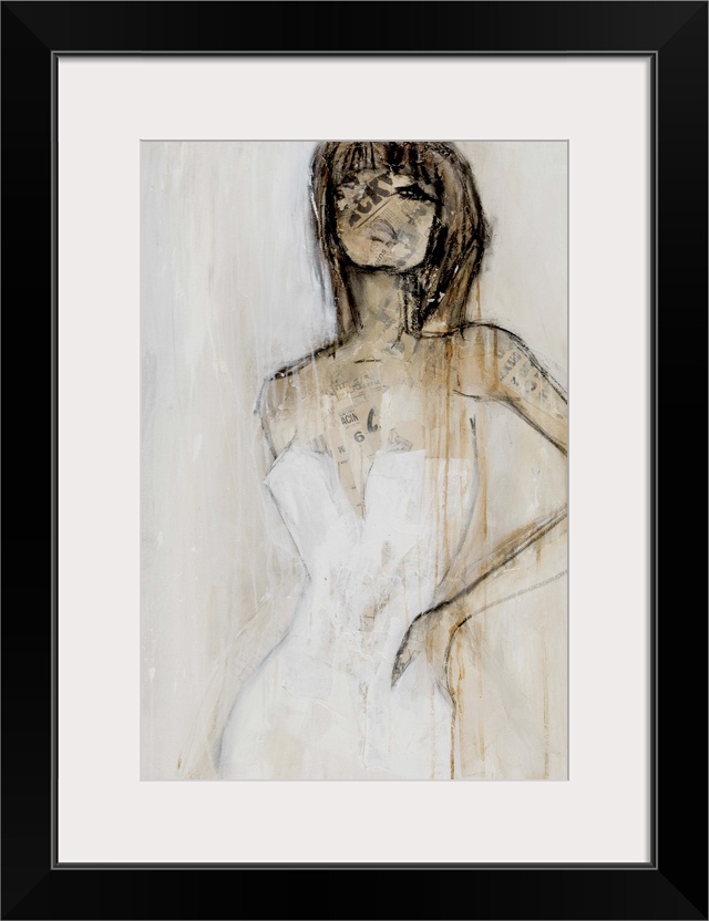 A contemporary abstract painting of a brunette woman wearing a white strapless dress with her hand placed on her hip. Her ...