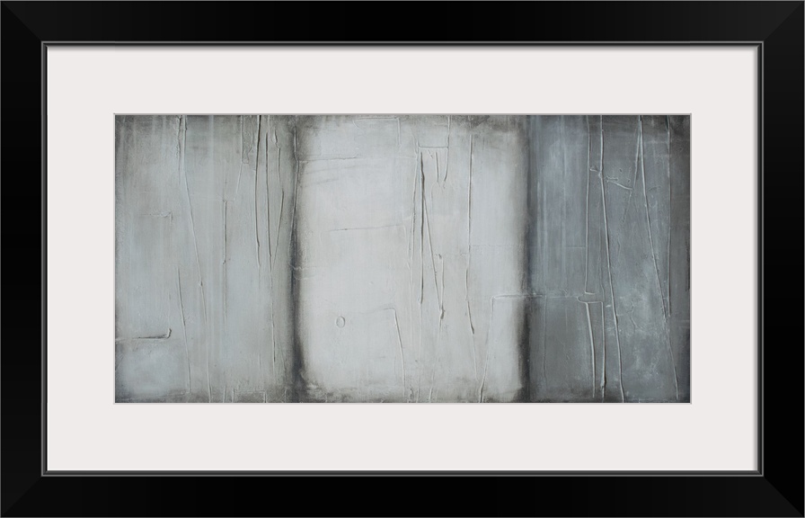 Wide abstract painting made into three sections with different shades of gray and thin lines on top creating texture and d...