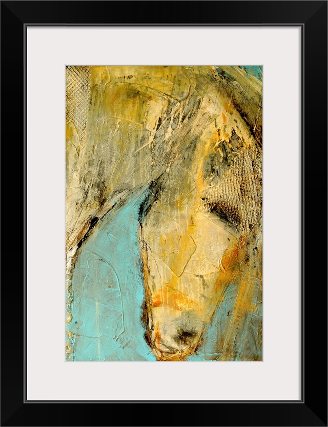 Large contemporary art focuses on a close-up of a horse's head.  Artist uses rough strokes and texture to add levels of de...