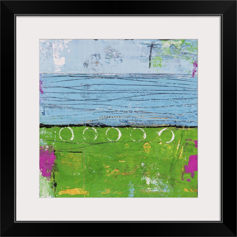 Contemporary abstract painting using bright green and blue tones.