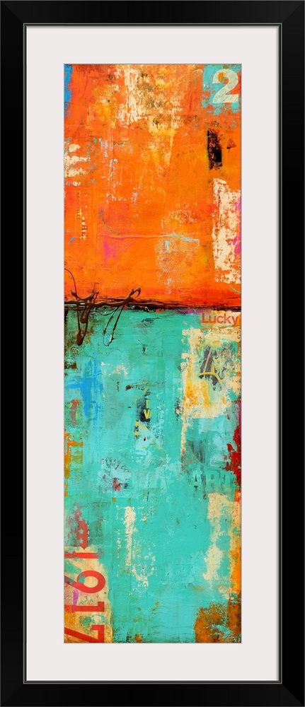 Vertical abstract artwork of vibrant orange and teal colors that reveals grunge lettering and graphical elements.