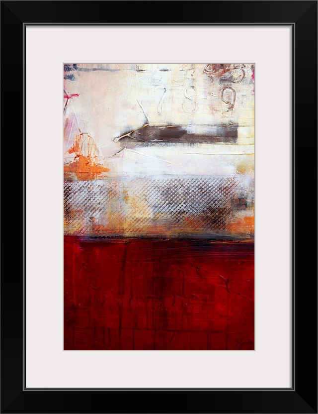 Giant abstract art incorporates a warm toned base beneath a highly distressed and textured background composed of an earth...