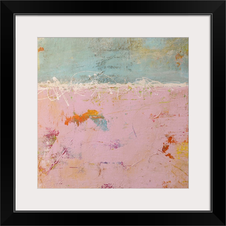 Large, square artwork for a living room or office of pastel colors in patches and rough texture, mainly pink at the bottom...