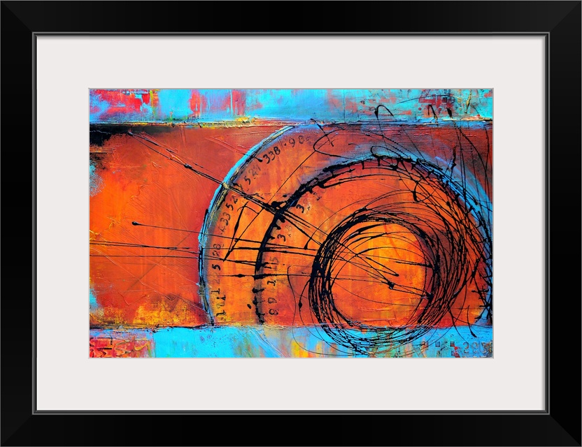 Huge contemporary art uses lots of rectangles, curved lines and circles against a roughly textured background.  Artist als...