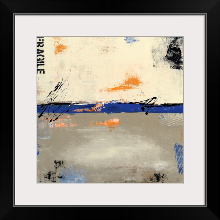 A square contemporary abstract painting that has light and dark tan sections which are separated by a royal blue horizonta...