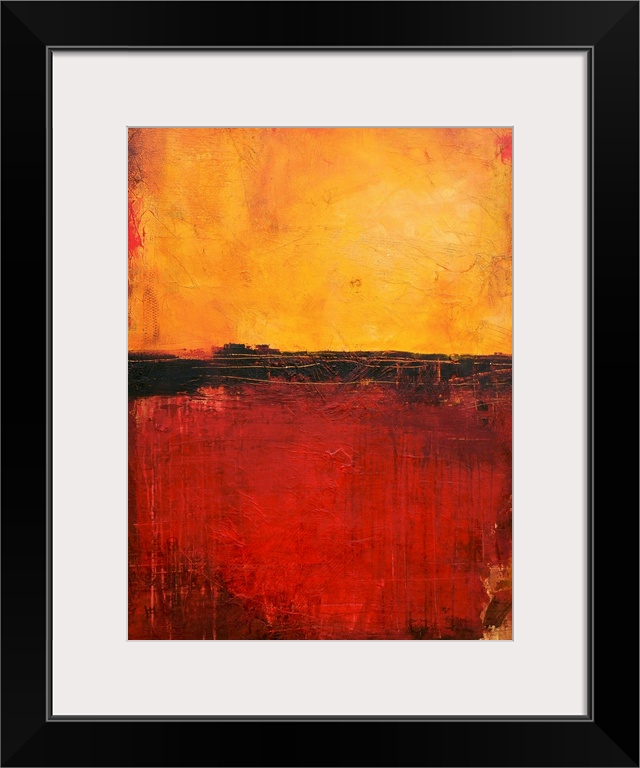 Abstract artwork that has a dark horizontal stripe separating two warm colors. There is a distressed look to the piece wit...
