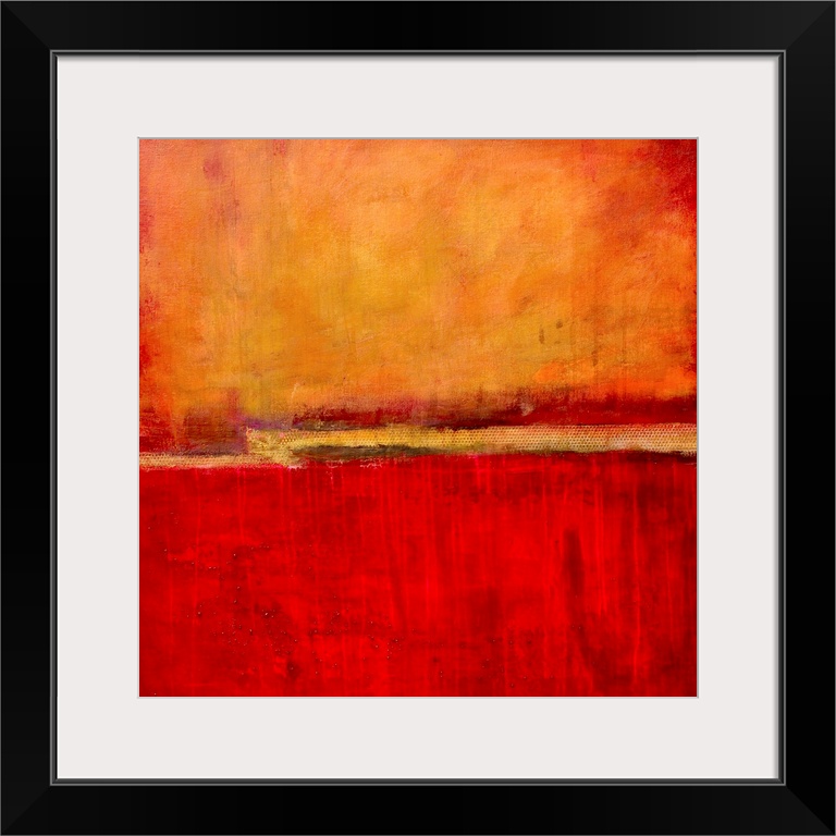 Square abstract artwork in fiery red and orange tones with simple, bold areas of color, resembling a bright sunset.