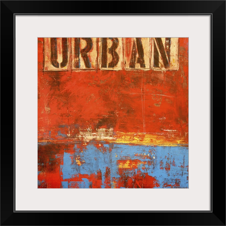 Contemporary abstract painting of a weathered grungy dark orange and blue tones with the word "Urban" stenciled at the top.