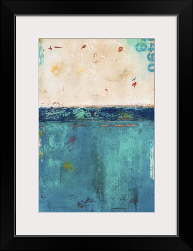 Contemporary abstract art in deep teal blue and cream white.