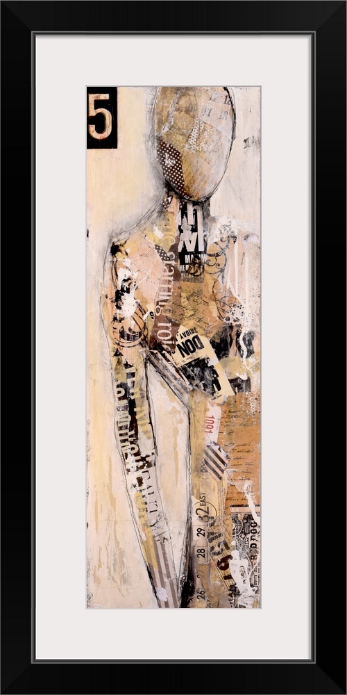 Contemporary abstract painting of a figure in tan tones with a stenciled number in the corner.