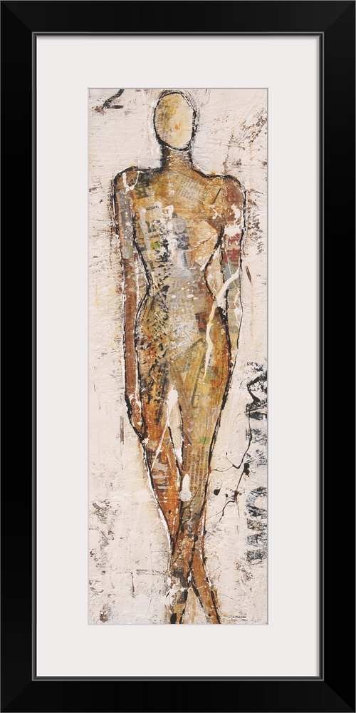 Contemporary abstract painting of a figure in tan tone with stenciled numbers.