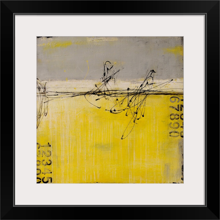 A contemporary abstract painting using gray and yellow with stenciled numbers and thin dark black swirling lines.