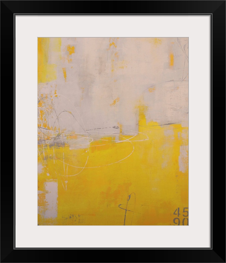 Vertical abstract art work of contrasting paint colors dominating the painting.