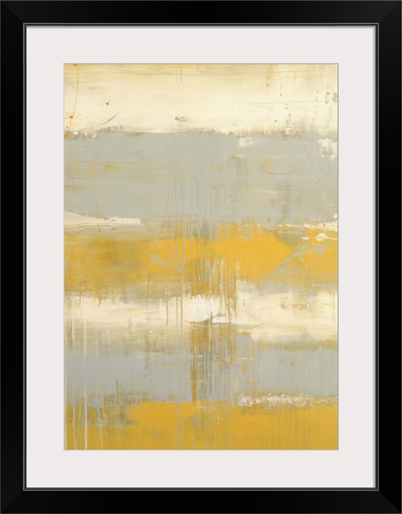 Contemporary painting of a color-field of pale yellow and light gray.