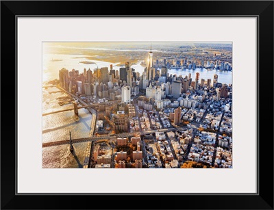 Aerial View Towards One World Trade Center, Manhattan Bridge And Brooklyn Bridge